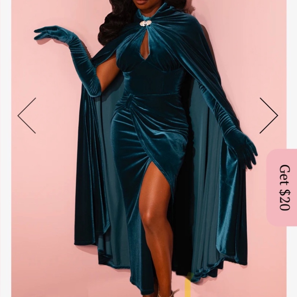 Vixen by Micheline Pitt Teal Cape with Gold Brooch